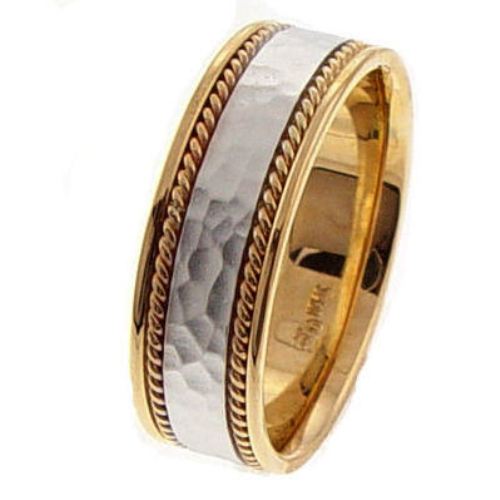 18K Rose or Yellow with White Gold Hammer Finish Center With Hand Braided Ropes Ring