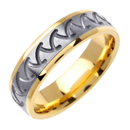 14K or 18K White and Yellow Gold Carved Center Ring