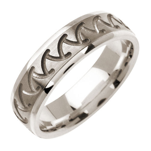 Silver or Titanium 14K White Gold Carved Center Ring