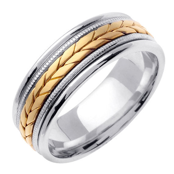 Silver/Yellow or Silver/White 14K Gold Hand Braided Wheat Pattern Ring Band