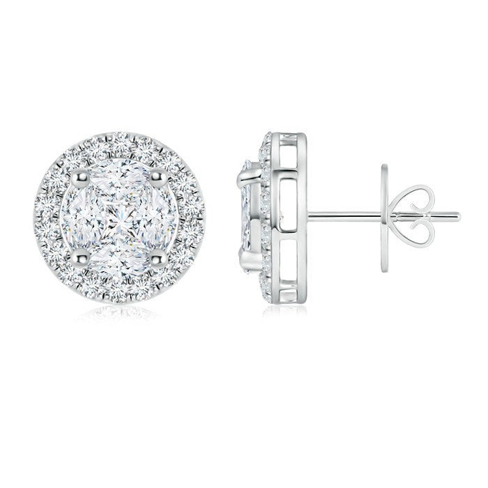 Solitaire Look Illusion Set Diamond Halo Stud Earrings