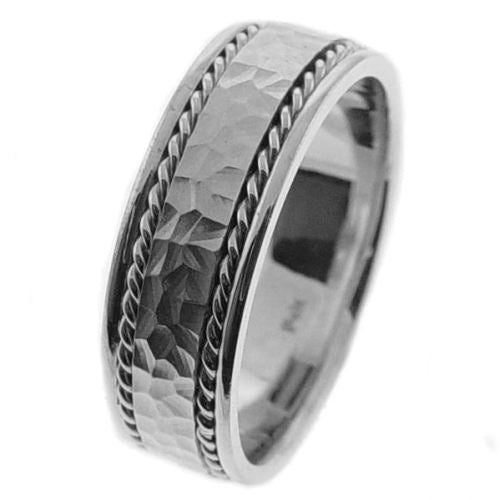 14K or 18K White Gold Hammer Finish Center With Hand Braided Ropes Ring
