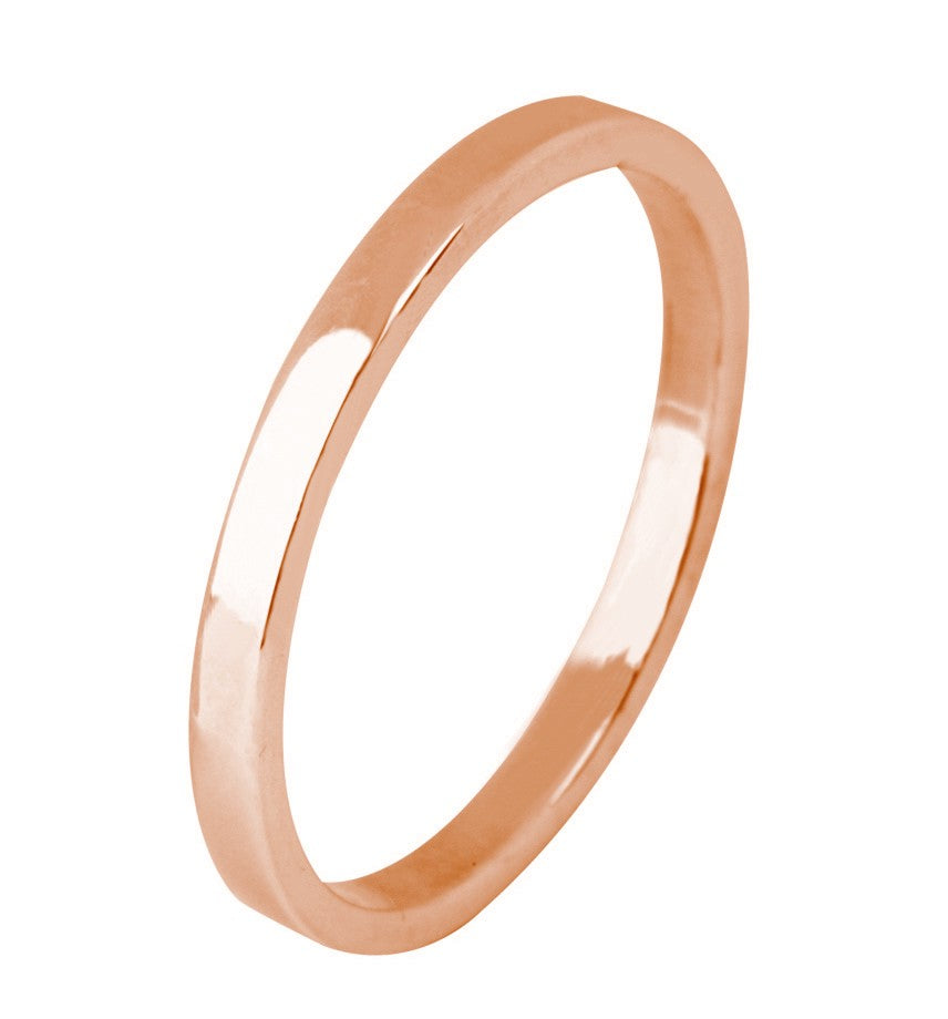 Plain 18K Rose/Pink Gold 2MM Traditional Flat Top Pipe Design Ring Band