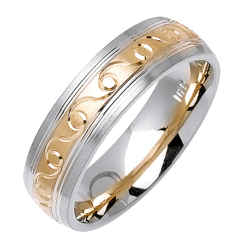 14K or 18K White and Yellow Gold Scroll Engraved Center Ring