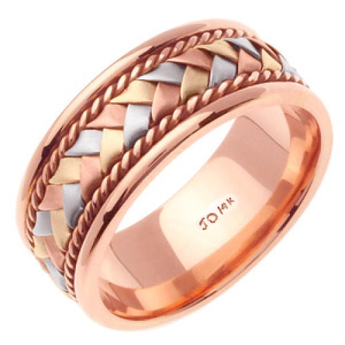 Rose/Tri-color or White/Tri-color 14k Hand Braided Cord Ring Band