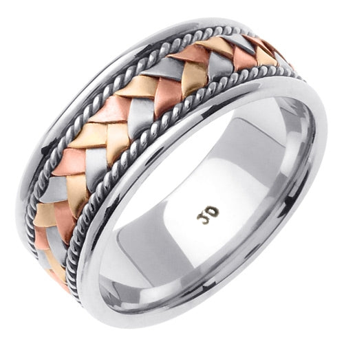 Rose/Tri-color or White/Tri-color 14k Hand Braided Cord Ring Band