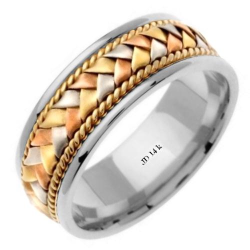 Yellow/Tri-color or White/Tri-color 14k Hand Braided Cord Ring Band