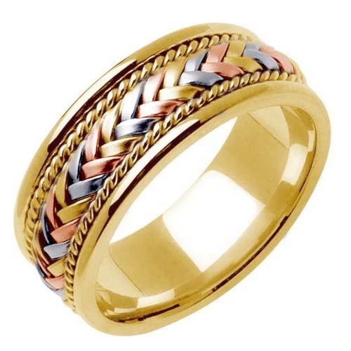 14k White/Tri-color or Rose/Tri-color Hand Braided Ring Band