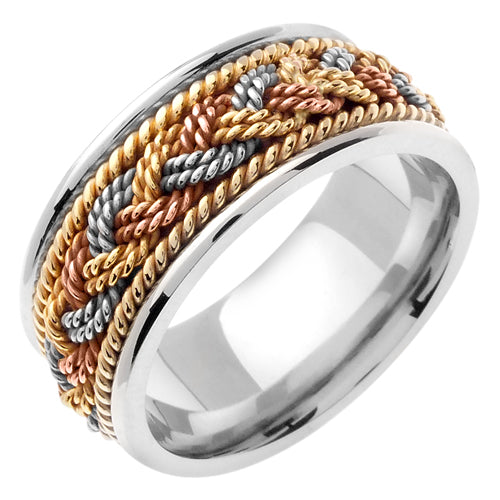 Silver or Titanium and Tri-Color Gold Center Braided Ring