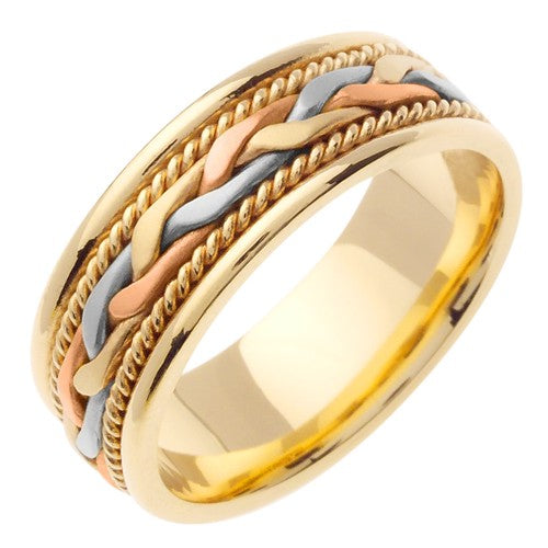 14K White/Tricolor or Yellow/Tricolor Gold Hand Braided Cord Ring - JDBands