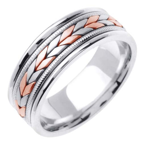 18K White/Yellow or White/Tricolor Hand Braided Wheat Pattern Design Ring Band