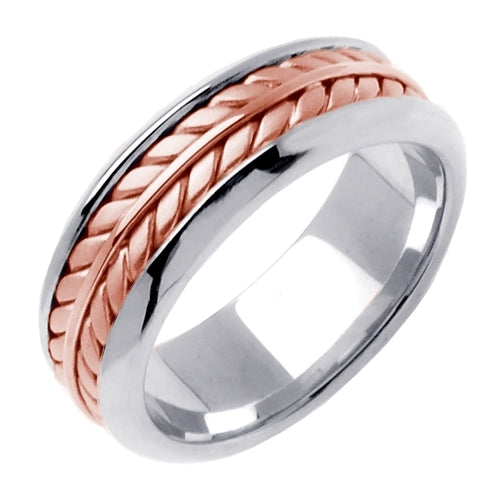 Titanium/Yellow or Titanium/Rose 14K Gold Hand Braided Wheat Pattern Design Ring Band