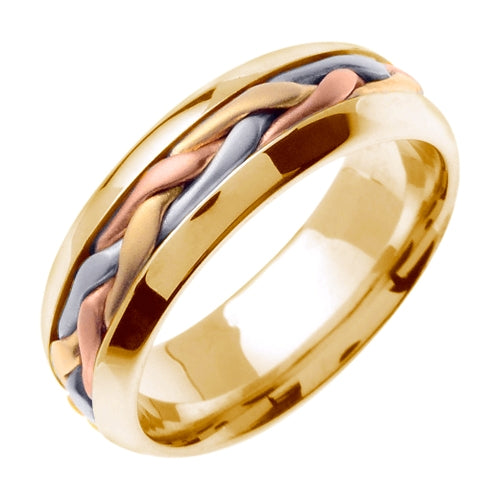 14K White/Tricolor or Yellow/Tricolor Hand Braided Cord Ring Band