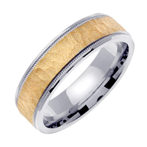 14K White/Yellow or White/Rose Hammer Finish Milgrain Edge Ring - JDbandsjewelry