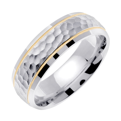 Silver (PLATINUM & 24K YELLOW GOLD PLATING) Miligrained Hammer Finish Design Wedding Band Ring