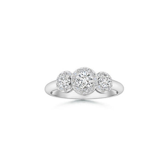 0.75 (3/4) Carat Three Stone Round Diamond Halo Engagement Ring Band