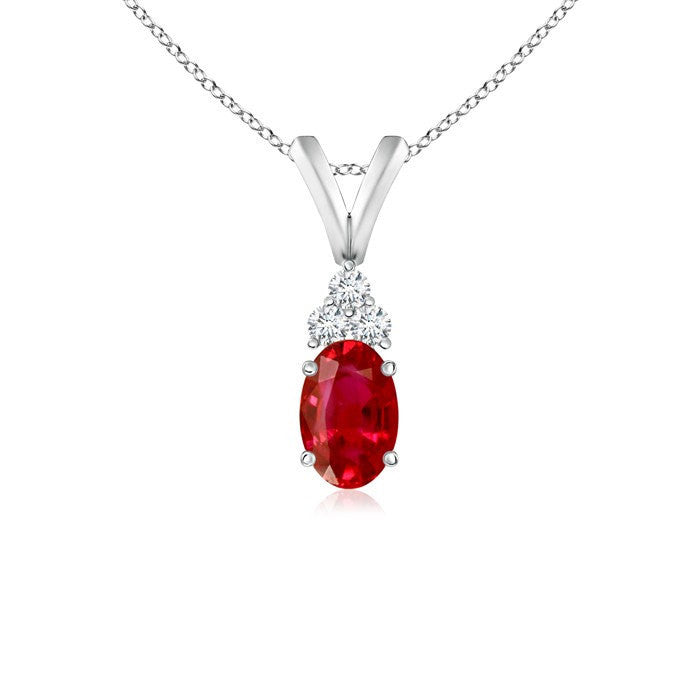 Solitaire Oval Ruby and Diamond V-Bale Pendant Necklace