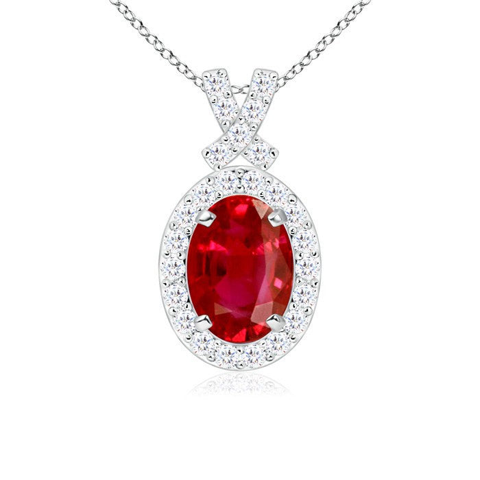 Diamond Halo Oval Ruby Vintage Pendant Necklace